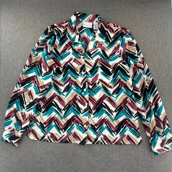 Alfred Dunner Button Down Shirt Long Sleeves Multicolor Abstract Print 8 Teal - Picture 1 of 13